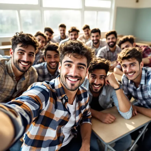 Prompt: In a lively classroom filled with soft sunlight filtering through the windows, a group of young men gathers around, capturing a selfie. The mood is playful and energetic, with smiles and laughter evident as they pose for the camera. One individual in the foreground strikes a confident pose, while behind him, several others lean in, some with amused expressions, showcasing a casual camaraderie. They are dressed in casual attire, predominantly in checkered shirts, seated at simple metal desks that add to the classroom setting. The image captures a moment of youthful exuberance, perfectly illustrating friendship and shared experiences within an academic environment.