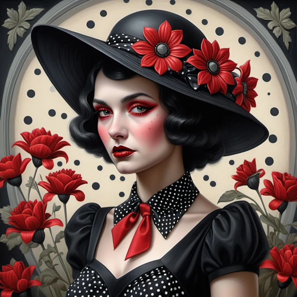 Prompt: a woman wearing a black hat with red flowers on it and a polka dot dress with a black polka dot tie, Art Brenner, gothic art, highly detailed digital painting, an art deco painting