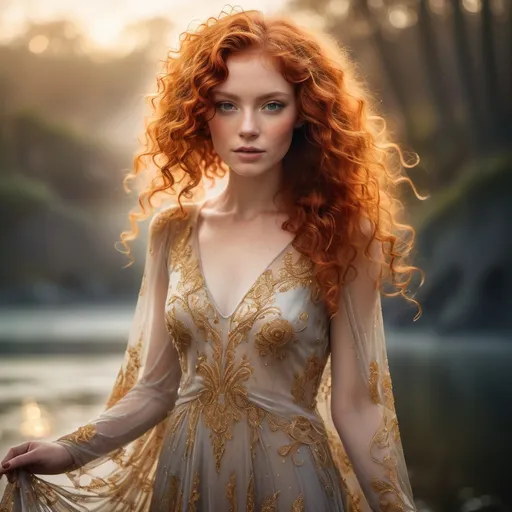 Prompt: portrait of a woman with vibrant, curly red hair, wearing an elegant, sheer gown with intricate golden embroidery, surrounded by an ethereal, misty background that suggests a magical realm. Soft, diffused light filters through, casting a warm, golden hue while highlights glimmer off the silk-like fabric of the dress. Delicate water droplets and wisps of mist add to the dreamlike atmosphere, enhancing the impressionistic aesthetic. The scene conveys a sense of enchantment and beauty, with flowing, organic elements that harmonize with the subject's flowing hair and delicate attire.