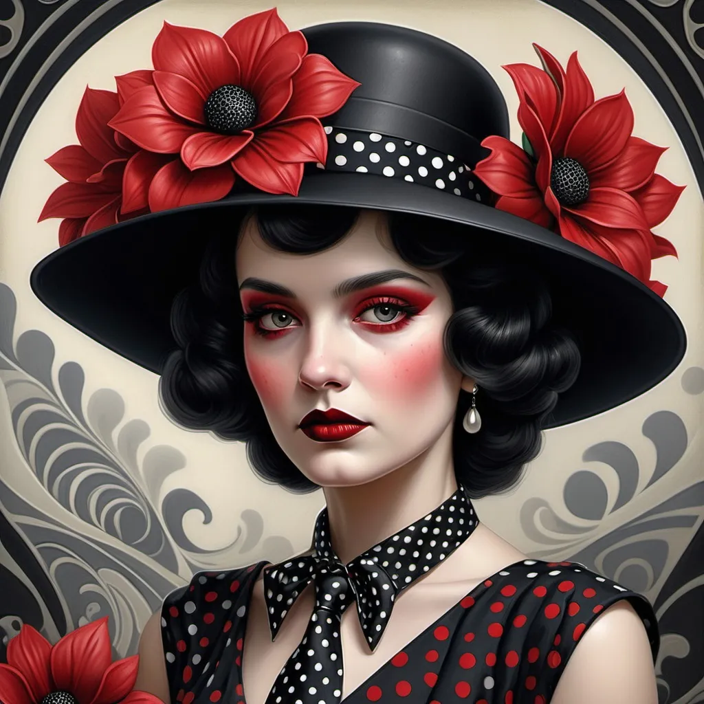 Prompt: a woman wearing a black hat with red flowers on it and a polka dot dress with a black polka dot tie, Art Brenner, gothic art, highly detailed digital painting, an art deco painting