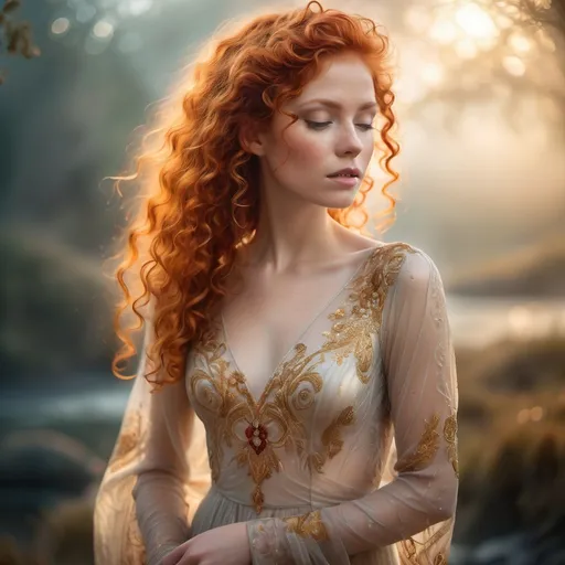 Prompt: portrait of a woman with vibrant, curly red hair, wearing an elegant, sheer gown with intricate golden embroidery, surrounded by an ethereal, misty background that suggests a magical realm. Soft, diffused light filters through, casting a warm, golden hue while highlights glimmer off the silk-like fabric of the dress. Delicate water droplets and wisps of mist add to the dreamlike atmosphere, enhancing the impressionistic aesthetic. The scene conveys a sense of enchantment and beauty, with flowing, organic elements that harmonize with the subject's flowing hair and delicate attire.