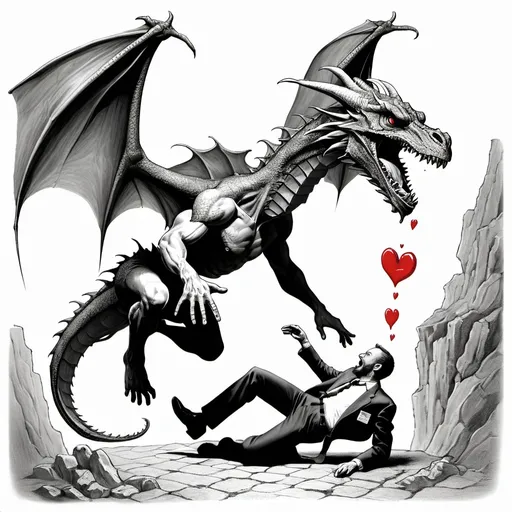 Prompt: A picture of a falling man with a dragon eating his heart