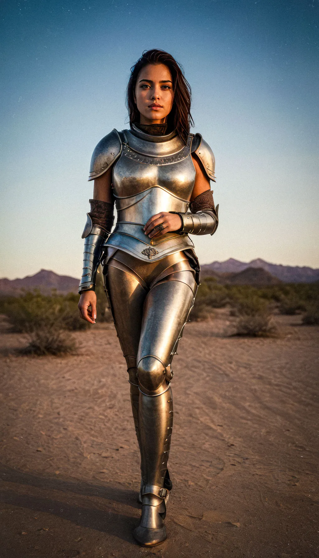 Prompt: a latina woman wearing medieval heavy armor, full body armor, battle armor, desert background, model photo, dark fantasy, intricate, elegant, highly detailed, dramatic light, sharp focus, emotional, beautiful, innocent, scenic, thought, iconic, cute, attractive, depicted, epic, grand noble, glorious, cool, magic, pretty, clear, artistic, extremely fine