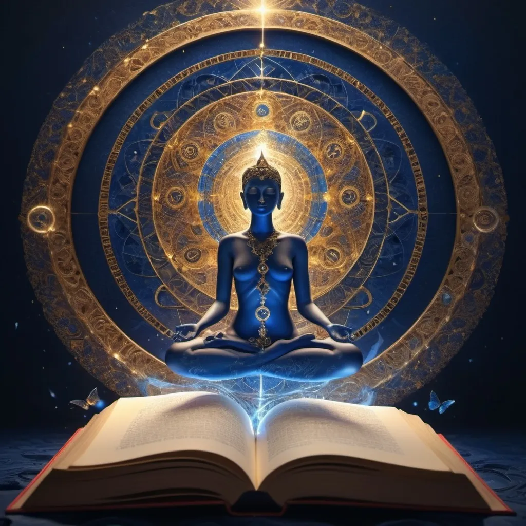 Prompt: (abstract representation of wisdom), serene and thoughtful atmosphere, ethereal light effects illuminating an open mind, rich jewel tones like deep blue and warm gold, intricate patterns swirling within the mind, surrounded by symbols of knowledge, book pages fluttering gently, symbolizing the evolution of thought, high detail, 4K, ultra-detailed