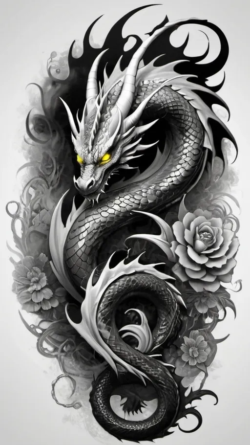 Prompt: "Create a highly detailed black and white illustration of a fierce dragon. The dragon should have an intricate design, featuring sharp horns, glowing yellow eyes, and a sinuous body that coils around itself. Incorporate swirling smoke and abstract floral elements in the background to enhance the mystical atmosphere. The overall style should be a blend of realism and fantasy, emphasizing the dragon's scales and fierce expression."