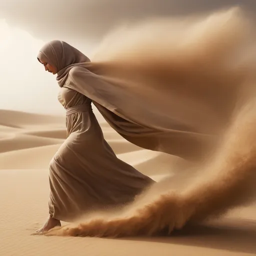 Prompt: Create an image of a woman made entirely out of sand, walking toward the left side of the image, into the wind of a sand storm. The right side of the body is being blown back into individual grains of sand as the wind affects the sand body as well as the sand at the feet. She is wearing a hijab and prayer dress. She is leaning into the wind as if she is struggling to walk.. High resolution, photo realistic, warm lighting