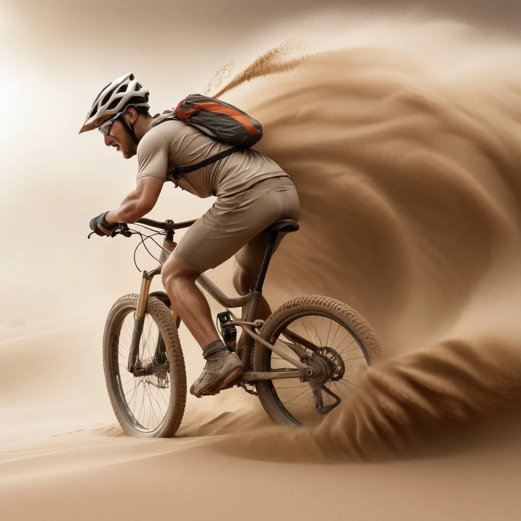 Prompt: Create an image of a mountain biker, made entirely out of sand, riding toward the left side of the image, into the wind of a sand storm. The right side of the body is being blown back into individual grains of sand as the wind affects the sand body as well as the sand at the feet. Head down struggling to against the wind. High resolution, photo realistic, warm lighting