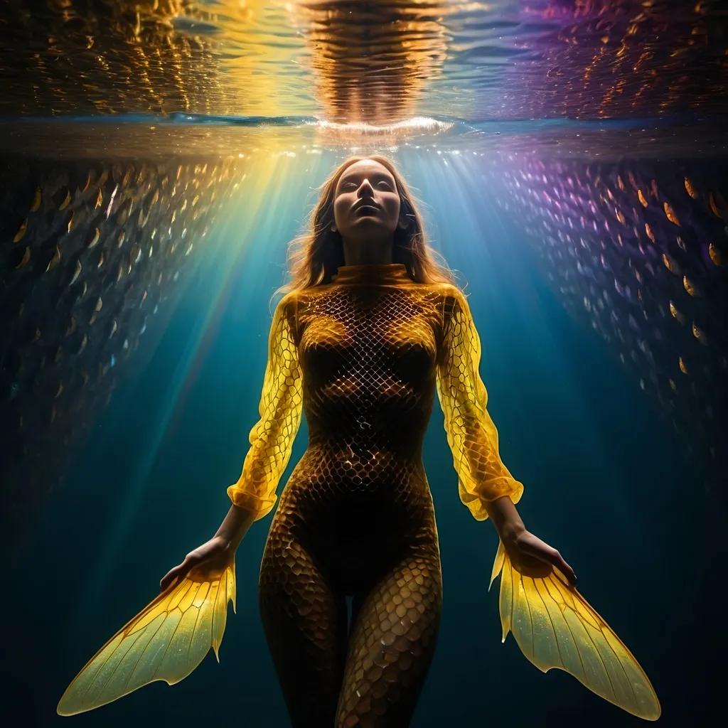 Prompt: backlit IN THE MIDDLE OF A BEAM OF LIGHT, a female figure UNDER WATER, the left half of her is made out of honeycomb and the right half of her made up of fish scales. Rainbow colored. The honeycomb side should have with yellow jacket wasps on it.  intense atmosphere