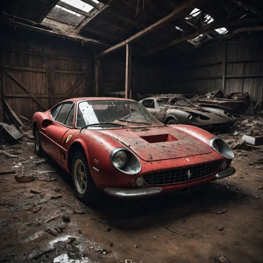 Prompt: A RARE FERRARI BARN FIND RACE CAR, Dark, dirty BARN, debris-covered floor, horror movie setting, dimly lit, horror, dirty environment, detailed debris, dark, horror movie style, intense atmosphere