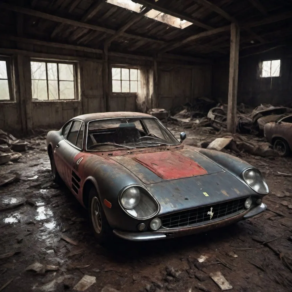 Prompt: A RARE FERRARI BARN FIND RACE CAR, Dark, dirty BARN, debris-covered floor, horror movie setting, dimly lit, horror, dirty environment, detailed debris, dark, horror movie style, intense atmosphere