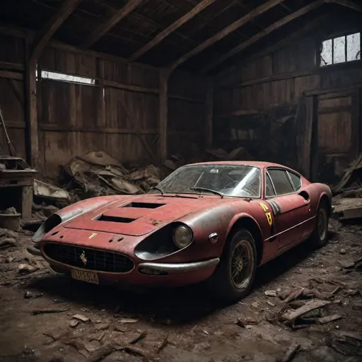 Prompt: A RARE FERRARI BARN FIND RACE CAR, Dark, dirty BARN, debris-covered floor, horror movie setting, dimly lit, horror, dirty environment, detailed debris, dark, horror movie style, intense atmosphere