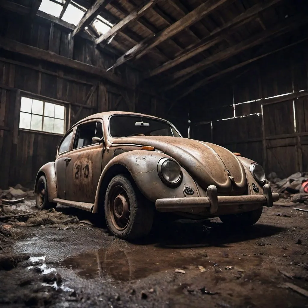 Prompt: A WIDEBODY VOLKSWAGON BEETLE BARN FIND RACE CAR, Dark, dirty BARN, debris-covered floor, horror movie setting, dimly lit, horror, dirty environment, detailed debris, dark, horror movie style, intense atmosphere