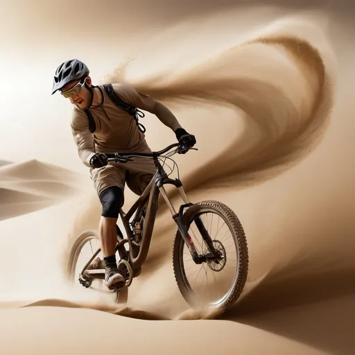 Prompt: Create an image of a mountain biker, made entirely out of sand, riding toward the left side of the image, into the wind of a sand storm. The right side of the body is being blown back into individual grains of sand as the wind affects the sand body as well as the sand at the feet. Head down struggling to against the wind. High resolution, photo realistic, warm lighting