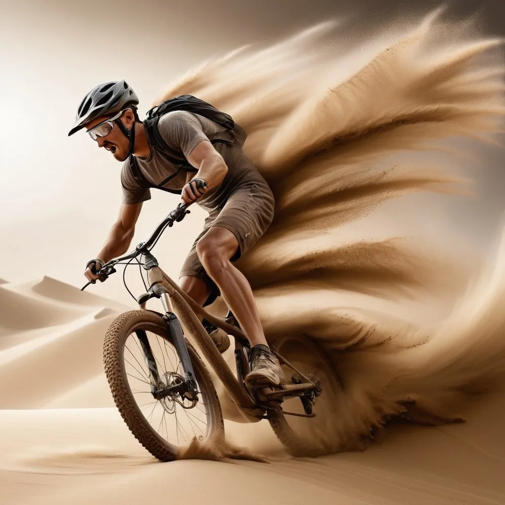 Prompt: Create an image of a mountain biker, made entirely out of sand, riding toward the left side of the image, into the wind of a sand storm. The right side of the body is being blown back into individual grains of sand as the wind affects the sand body as well as the sand at the feet. Head down struggling to against the wind. High resolution, photo realistic, warm lighting