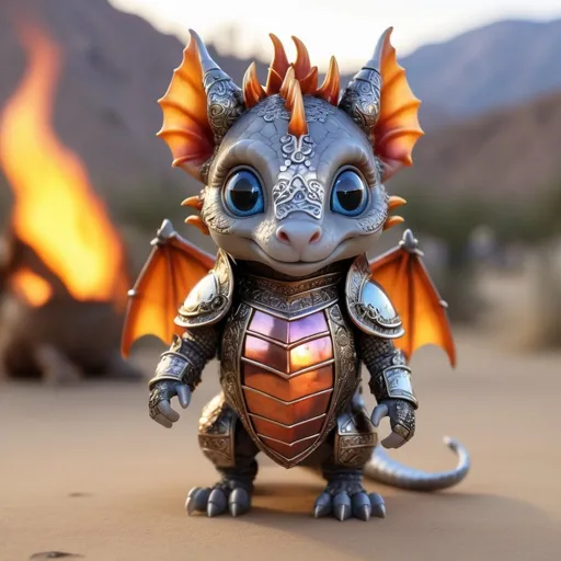 Prompt: A very loveable little dragon, the size of a mouse, with big blue eyes looking into the camera and a squeezable face with horselike mane made of fire. His grey skin is cover in finely crafted and heavily detailed armor made from exotic materials and metals WITH A GLASS PANEL IN FRONT that you can see fire behind, with plenty of natural elements, full body professional photo. Studio lighting, backlit Coachella scene with burning building in the bokeh background at sunset, realistic lighting. hdr uhd 8k ultra-realistic render, very high detail textures, absolutely adorable face, designed by Jay Ruckert