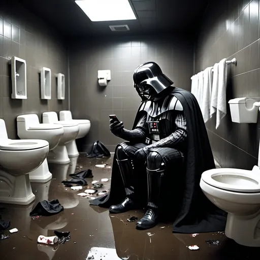 Prompt: Dark, dirty bathroom scene, debris-covered floor, horror movie setting, WITH STAR WARS Darth Vader sitting IN OF A ROW OF toilets, TEXTING, dirty uniform, no toilet paper, wiping with cape, dimly lit, horror, dirty environment, detailed debris, dark, horror movie style, intense atmosphere
