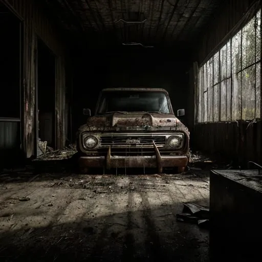 Prompt: Dark, dirty BARN, debris-covered floor, horror movie setting, dimly lit, horror, dirty environment, detailed debris, dark, horror movie style, intense atmosphere, A LOWERED SHOW QUALITY 1968 CHEVY C10 TRUCK SITS IN THE MIDDLE, THE HOOD IS HELD OPEN WITH A TREE LIMB 