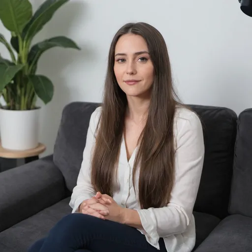 Prompt: a woman with long bruenette hair sitting on a couch ready for a recording interview on a living room