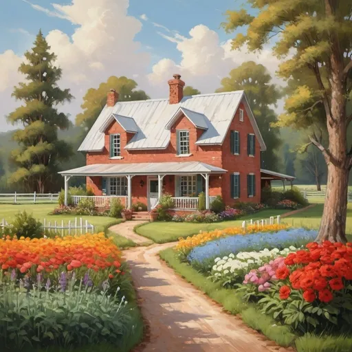 Prompt: make a beautiful oil painting of a serene farmhouse set amidst rolling fields, with lush pine forests in the background. The farmhouse, with its charming red brick exterior and white wooden shutters, has a thatched roof that adds to its rustic appeal. A wooden fence surrounds the property, and a gravel path leads up to the inviting front door. In the foreground, vibrant flower beds bloom in a riot of colors, and to the side, a small vegetable garden flourishes. The sky above is a clear blue, dotted with a few fluffy clouds, while the sun casts a warm, golden glow over the entire scene, enhancing the tranquility and beauty of this idyllic countryside setting.