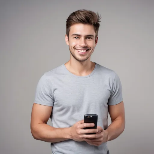 Prompt:  Using this man in the image, generate A high-quality stock photo of a young adult man standing casually and holding a smartphone in one hand, smiling naturally at the camera. He appears confident and friendly. Modern casual outfit (plain t-shirt or button-up shirt), neat grooming. Bright, well-lit environment with a soft, neutral background. Shallow depth of field, natural lighting, realistic skin tones. Corporate-friendly, lifestyle stock photography style. Sharp focus, high resolution, minimal distractions.