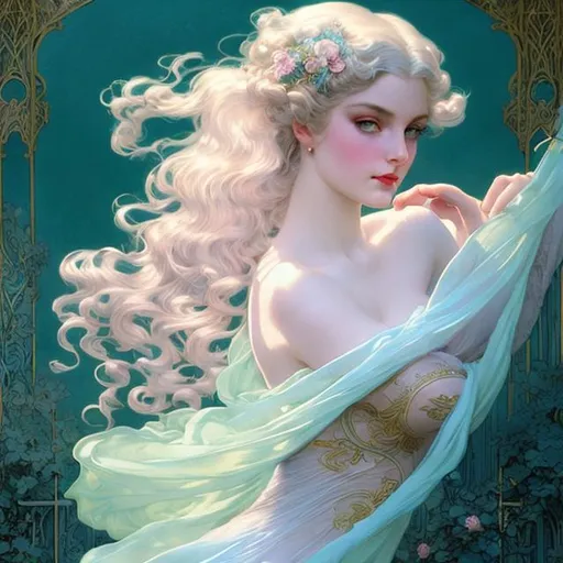 Prompt: Beautiful young victorian/renascence/art nouveau girl, pastel translucent clothes, impeccable hair, powerfull, vivacious realistic eyes, complex, porcelain skin, chiaroscuro, by Magali Villeneuve, Bisson, Rebecca Guay, Jeffrey Catherine Jones, Kim jung gi, Frank frazetta, Stanley Artgerm, Audrey Kawasaki