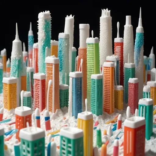 Prompt: A city with collapsing tall buildings made of toothbrushes in a heavy rainstorm of toothpaste. 