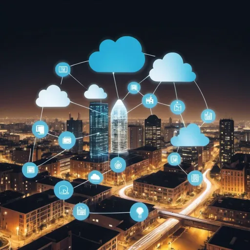 Prompt: create image with all building lighting up and sending data to cloud and make the cloud brighter and creates analytics use different icons for showing automation on bulding like a bubble near to it