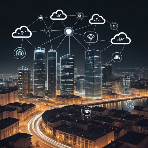 Prompt: create an image showing buildings at night in Neywork indicating IOT devices collecting the data and storing it cloud make is appealing the output of the collected data should be analytical board showing in graph. the IOT products can be any company preferably enlighted