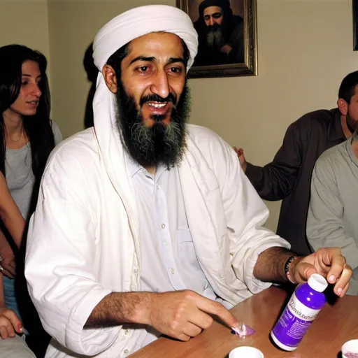 Prompt: Osama Bin Laden doing codeine in a house party 