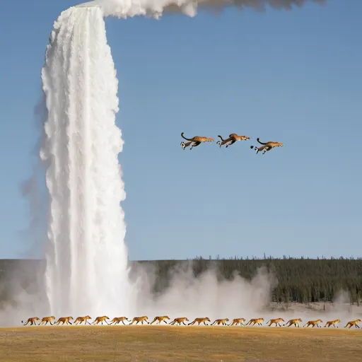 Prompt: twenty five cheetahs flying over Old Faithful
