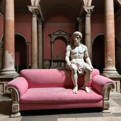 Prompt:  A roman statue sitting on a puffy pink couch inside a old roman baths. 