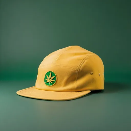 Prompt: A five panel yellow cap with a green small logo on the front. All in a cannabis  vintage background for a marketing campaign 