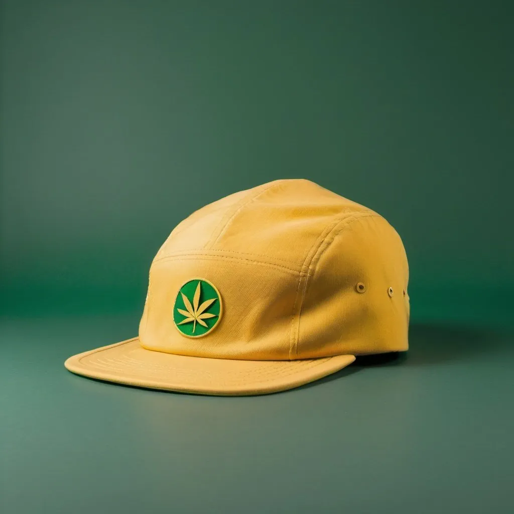 Prompt: A five panel yellow cap with a green small logo on the front. All in a cannabis  vintage background for a marketing campaign 