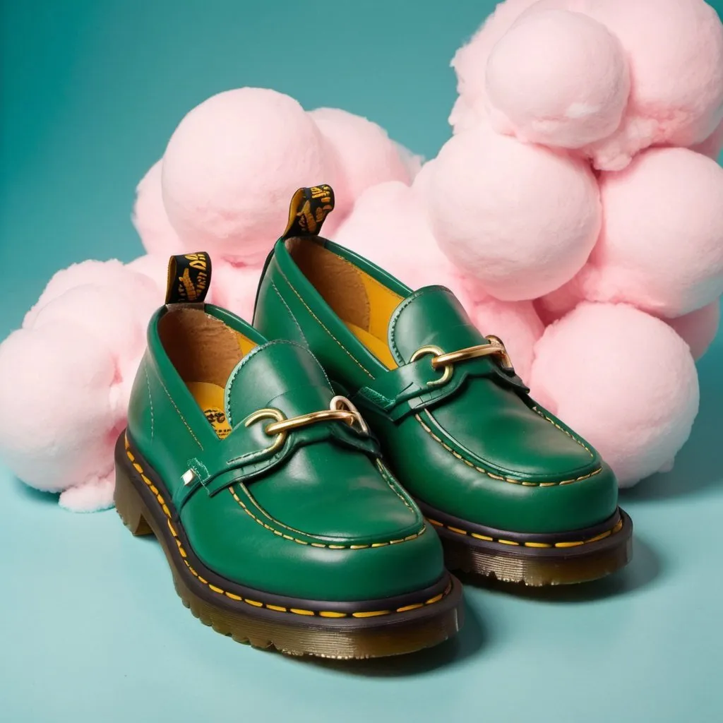 Prompt: A pair of green Dr Martens loafers with a golden snaffle, over a cotton candy cloud. Everything in a 1975 background 