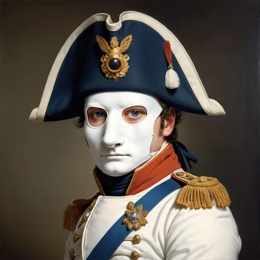 Prompt: A portrait made with the pyctoric Jacques-Louis David style of Napoleon with a Kitsunemask