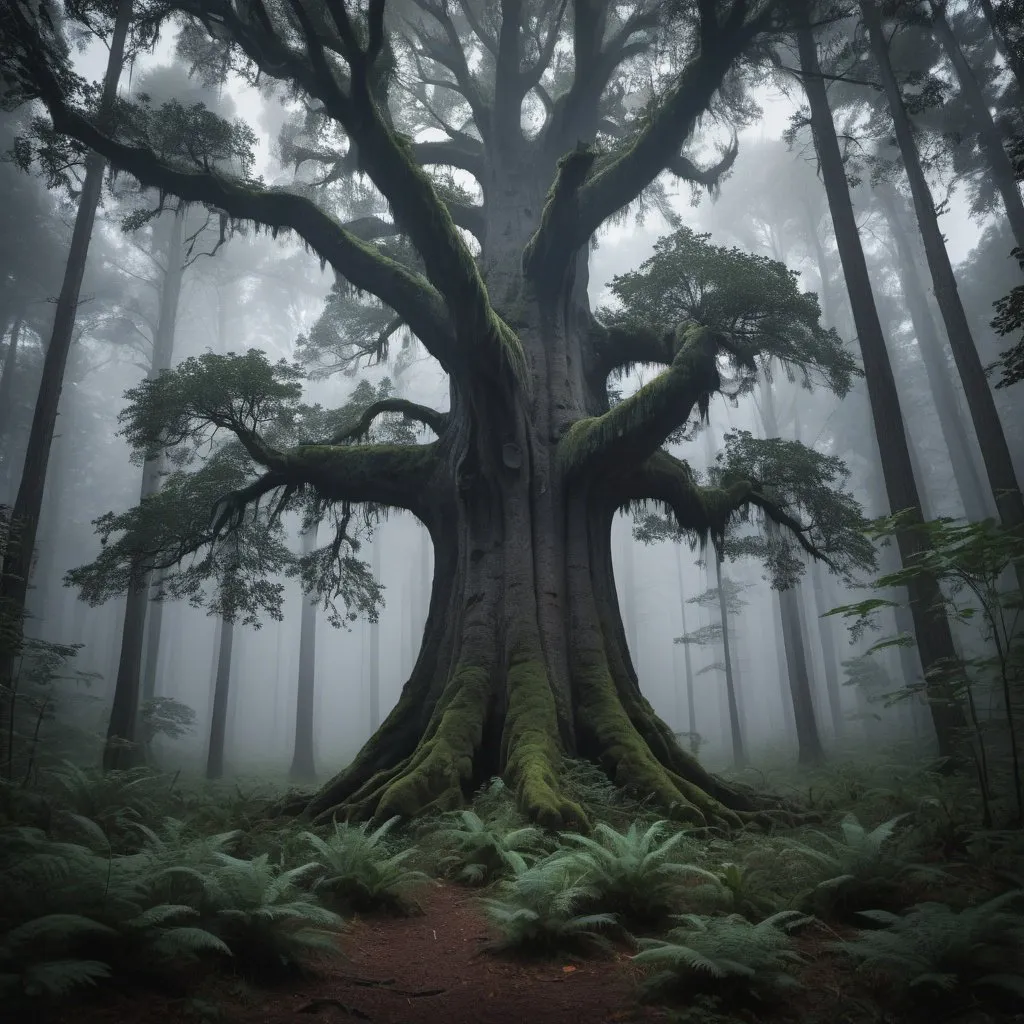 Prompt: A big tree in a dense forest with no sun light coming in 