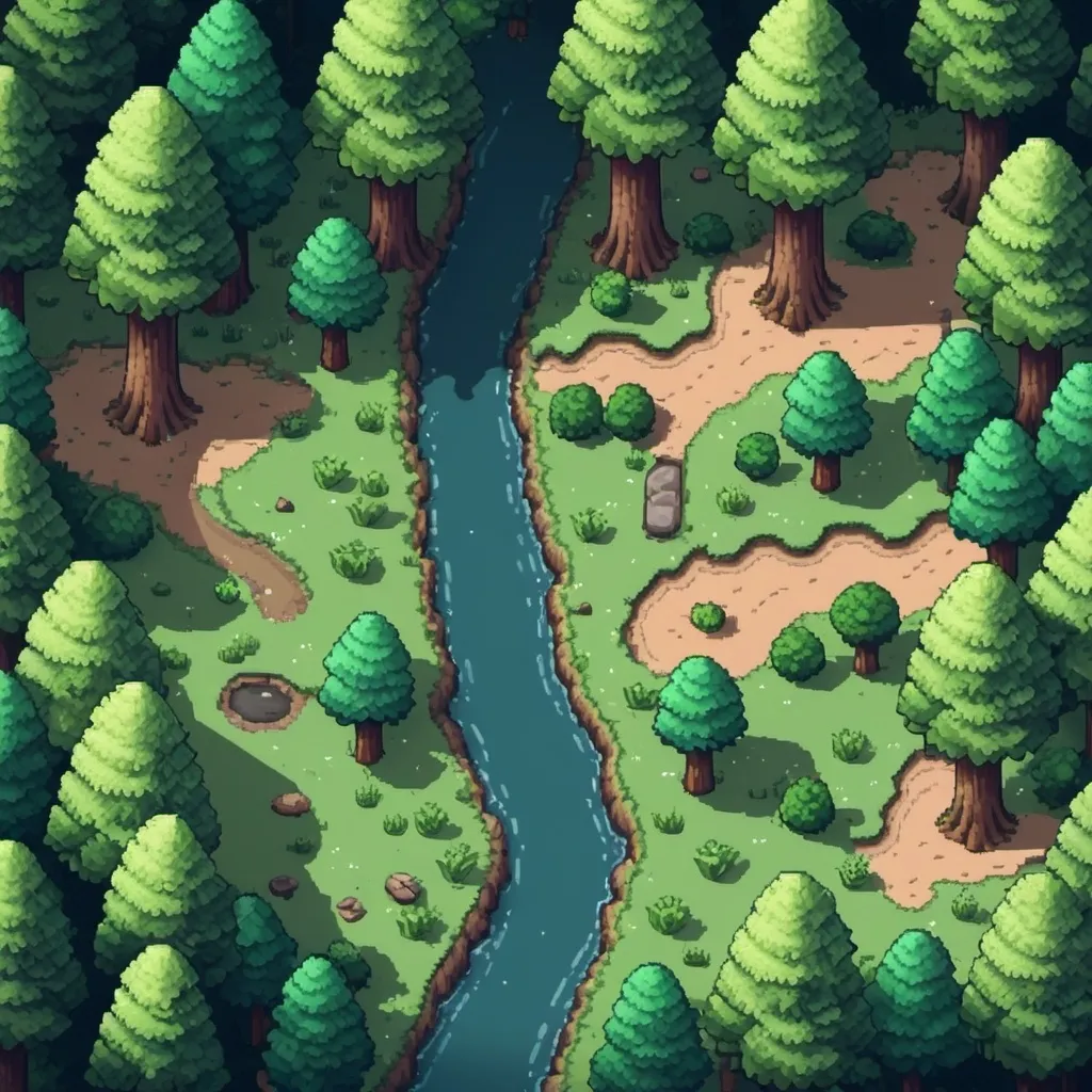 Prompt: Pixel art image of a forest from a top view perpective. It has a small river and a road crossing.