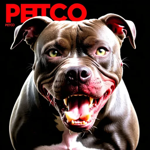 Prompt: album cover with a black background and an angry pitbull with cuts on his face and eyes, and  its teeth showing and the word Petco at the top in red