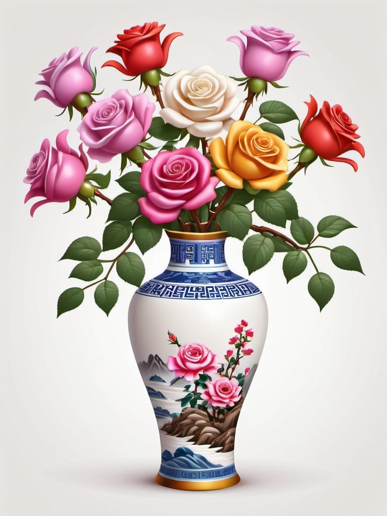 Prompt: Roses, various color, arranged in Chinese narrow neck vase with scenery pattern, bright color and white background, 3d style, vector, 16K