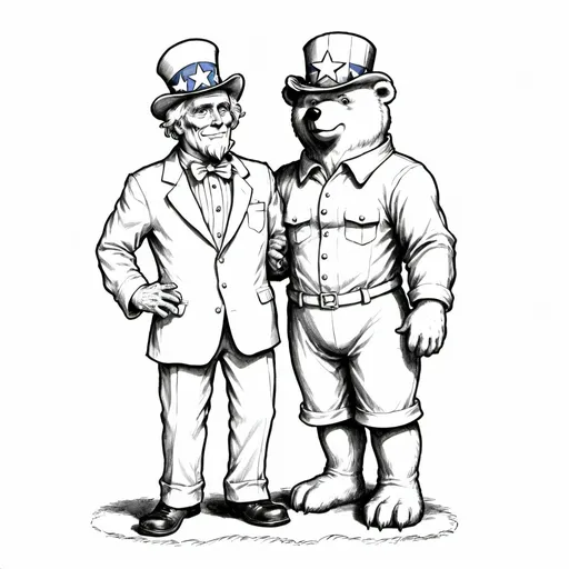 Prompt: Uncle Sam standing up with his arm around an anthropomorphic bear in a football helmet