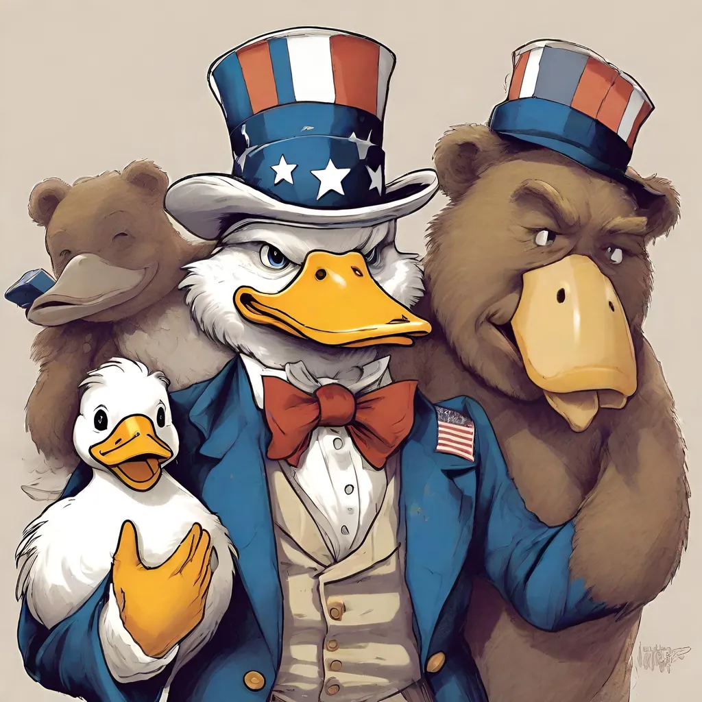 Prompt: Uncle Sam (depicted as a human) has his arm around a duck and the duck has his arm around a bear