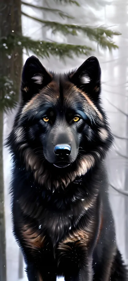 Prompt: full body splash art of a black wolf, full body, all black fur, looking at the camera, realistic, details, open eyes, 8k, highly detailed, intricate, symmetrical, smooth, sharp focus, artstation, digital painting, concept art, x D&D, fantasy, 