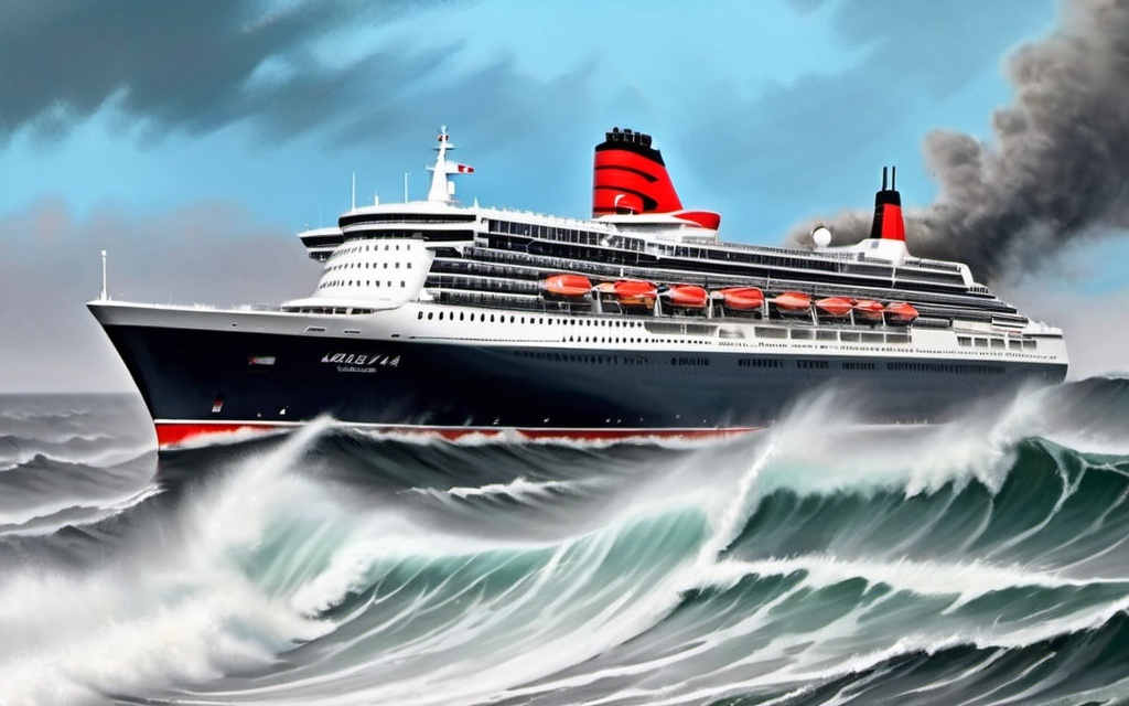 Prompt: tQueen Mary 2 is about to be sunk by a giant wave and a boat in the sea trying to save the lives of two people. On the cruise it reads Queen Mary 2 dramatic ocean scene, realistic digital painting, high-detail waves, intense rescue effort, historical tragedy, dynamic composition, realistic, dramatic lighting, shipwreck, life-saving mission, realistic, high quality, dramatic ocean, historical tragedy, rescue operation, intense emotion