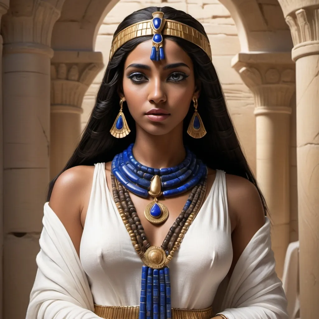 Prompt: Hyper realistic Cleopatra with Dark brown skin color wearing beautiful lapis lazuli with beads necklace and white beautiful flowing gown of linen 