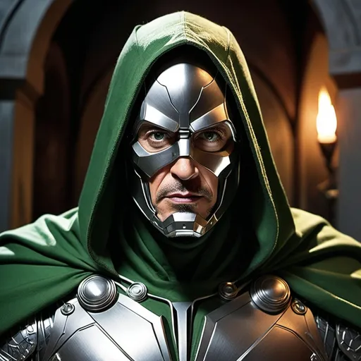 Prompt: Create an image of Robert Downey Jr. as Doctor Doom from Marvel Comics. Robert Downey Jr. should have his distinctive facial features, including his expressive eyes, defined jawline, and characteristic goatee. He is wearing Doctor Doom's iconic green cloak and hood, which partially covers his face, leaving his intense eyes and part of his face visible. His armor should be metallic and intricate, with detailed engravings and a polished, dark silver finish. Include a mix of high-tech and medieval elements in the armor, such as rivets and circuits. The background should be the dark, gothic interior of a castle, with shadows and eerie lighting to emphasize the menacing presence of Doctor Doo