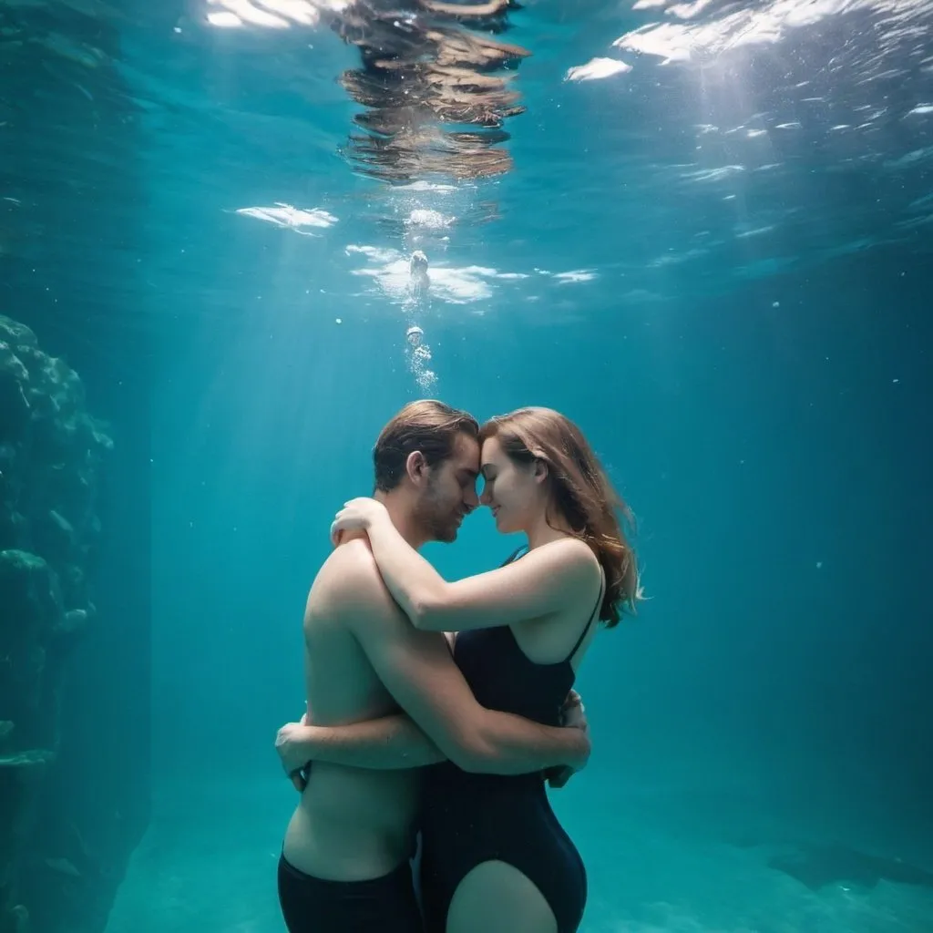 Prompt: A couple in love is cuddling underwater