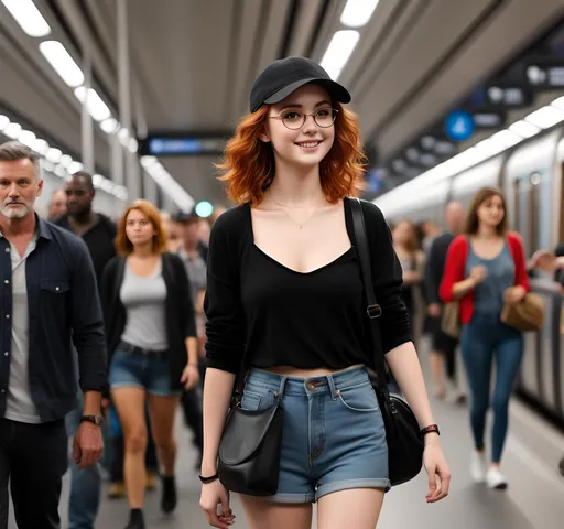 Prompt: <mymodel>is walking to the famous sites of Paris. She wears a Black string top and a slimfit 90's fashioned Jeans shorts, over her shoulder hangs a blck leather string case. Break. She sits between many other people in a full metro train of Paris
