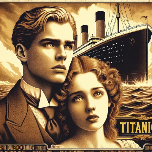 Prompt: Movie-poster "TITANIC", showing Leo DiCaprio and Kate Winslet as couple in distress, in front ot the four-funnel-vessel Oceanliner RMS TITANIC, in foreground in big yellow Block letters the word "TITANIC" 