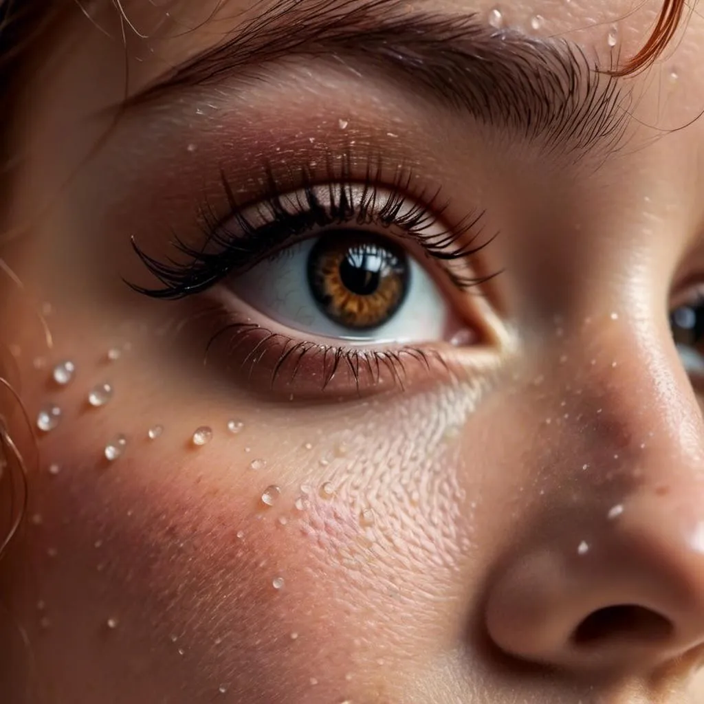 Prompt: <mymodel>very close shot of her brown eyes, many freckles, she wears a wide black eyeshadow, long black eyelashes with mascara, extensive black smokey eyes, till up to her eyebrows, that surrounds her eyes,  black eyeliner, and kayal, many funny freckles on her nose, profile view