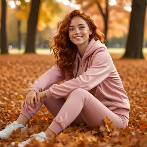 Prompt: <mymodel>autumn morning sundawn, in a park. A young breathless woman with red wavy hair, She is laying relaxed, outstretched, in a whole, large, high, hill of collected leaves, with extended arms, she wears a skintight pink spandex jogging suit. Her hair is bonded to a horsetail. She is exhausted, sweaty, but smiling. Seen from the side.